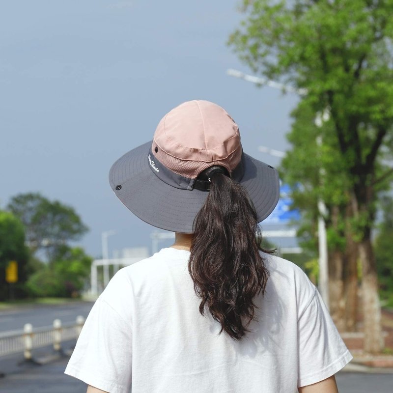 Women Sun Hat Wide Brim Outdoor UV Protection Summer Ponytail Hat Foldable Mesh Beach Fisherman'S Cap for Gardening Travel Hiking Fishing 56-58CM (Pink) - Womens Headwear - British D'sire