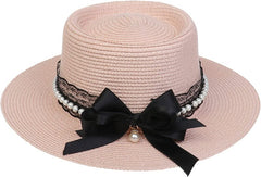 Womens Big Bowknot Wide Brim Concave Top Straw Hat Floppy Summer Sun Beach UPF50 Foldable Fedora Trilby - British D'sire