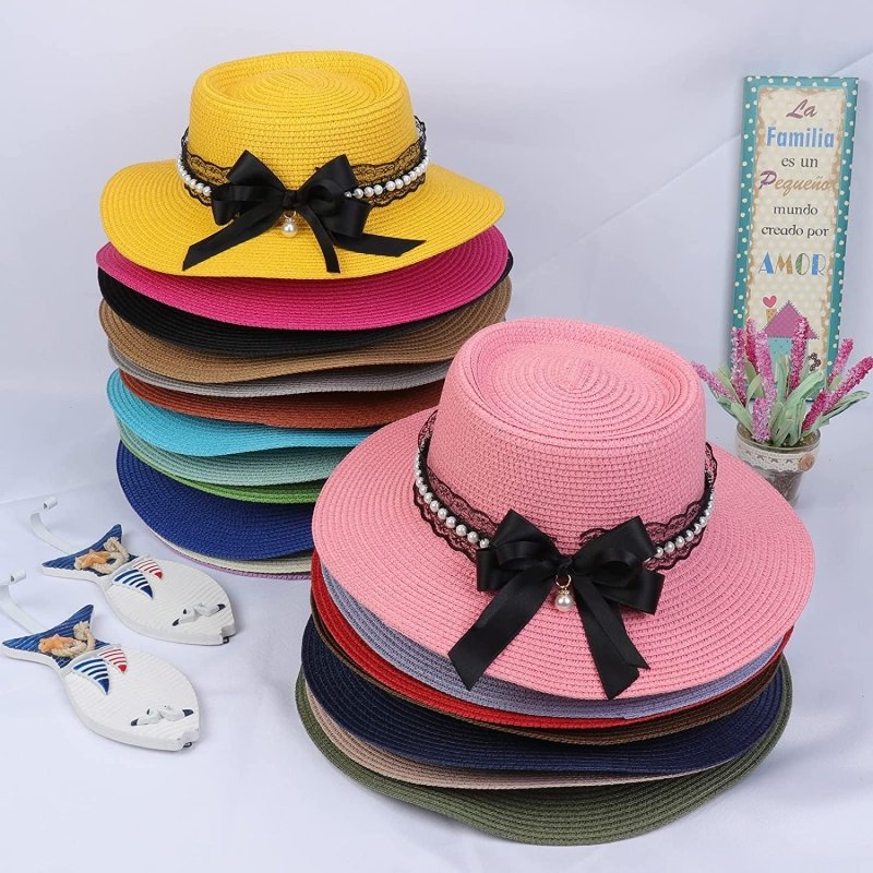 Womens Big Bowknot Wide Brim Concave Top Straw Hat Floppy Summer Sun Beach UPF50 Foldable Fedora Trilby - British D'sire