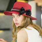 Womens Big Bowknot Wide Brim Concave Top Straw Hat Floppy Summer Sun Beach UPF50 Foldable Fedora Trilby - British D'sire