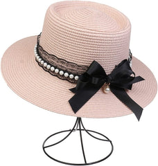 Womens Big Bowknot Wide Brim Concave Top Straw Hat Floppy Summer Sun Beach UPF50 Foldable Fedora Trilby - British D'sire