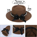Womens Big Bowknot Wide Brim Concave Top Straw Hat Floppy Summer Sun Beach UPF50 Foldable Fedora Trilby - British D'sire