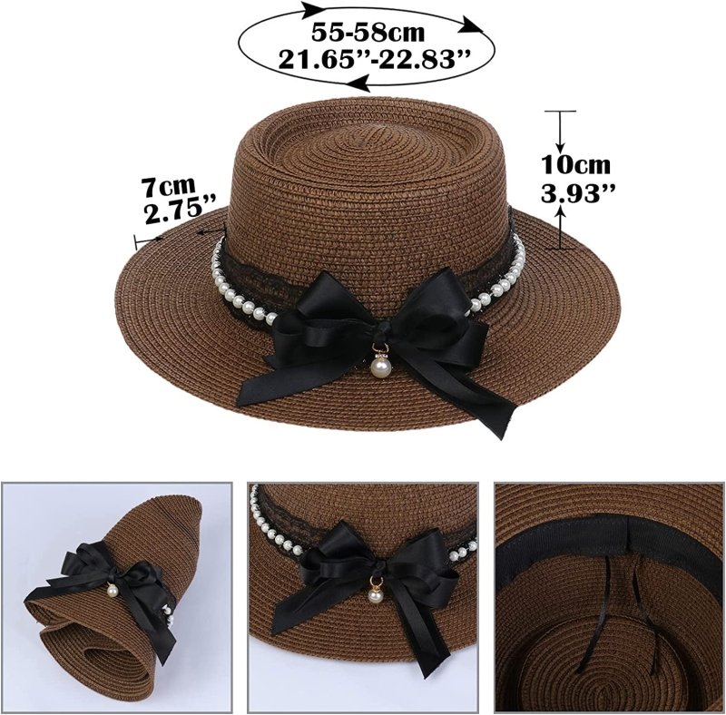 Womens Big Bowknot Wide Brim Concave Top Straw Hat Floppy Summer Sun Beach UPF50 Foldable Fedora Trilby - British D'sire