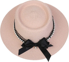 Womens Big Bowknot Wide Brim Concave Top Straw Hat Floppy Summer Sun Beach UPF50 Foldable Fedora Trilby - British D'sire