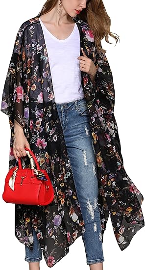 Women'S Fashion Chiffon Floral Kimono Cardigan Long Swimwear Cover Ups - Women's Crop Tops - British D'sire