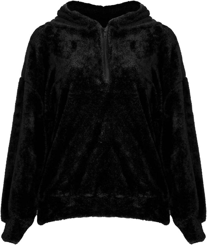 Womens Oversized Teddy Bear Faux Fur Fluffy Coat Half Zip Side Pockets Winter Fleece Hoody Outwear - Mens Hoodies & Sweatshirts - British D'sire
