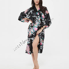 Women's Satin Rose Print Kimono Robe Premium Peacock Bridesmaid Bridal Dressing Gown Sleepwear Nightwear - British D'sire