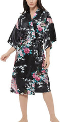 Women's Satin Rose Print Kimono Robe Premium Peacock Bridesmaid Bridal Dressing Gown Sleepwear Nightwear - British D'sire