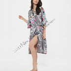 Women's Satin Rose Print Kimono Robe Premium Peacock Bridesmaid Bridal Dressing Gown Sleepwear Nightwear - British D'sire