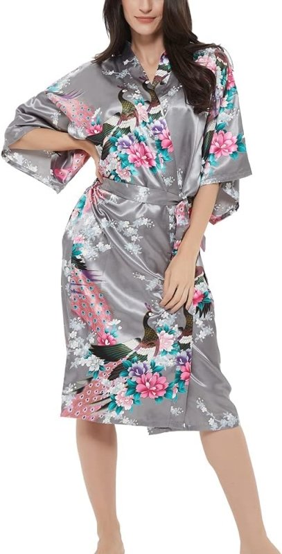 Women's Satin Rose Print Kimono Robe Premium Peacock Bridesmaid Bridal Dressing Gown Sleepwear Nightwear - British D'sire