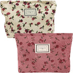 Xumann 2PCS Floral Coquette Makeup Bag, Corduroy Flower Makeup Bag Cute for Travel - British D'sire