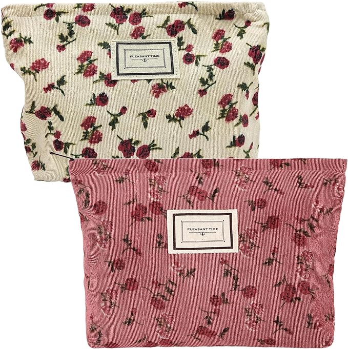 Xumann 2PCS Floral Coquette Makeup Bag, Corduroy Flower Makeup Bag Cute for Travel - British D'sire