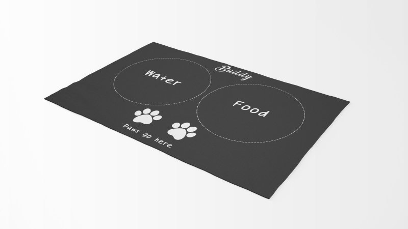 Yoosh Pet Food Floor Mat - Paws Go Here - Black & White - Personalised Name - Floor Mats - British D'sire