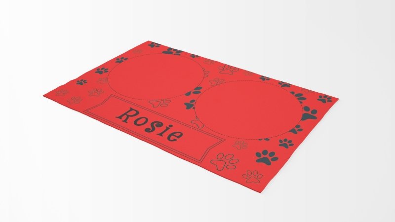 Yoosh Pet Food Floor Mat - Pet Paw Print w Bowl Spots- Red - Personalised Name - Floor Mats - British D'sire