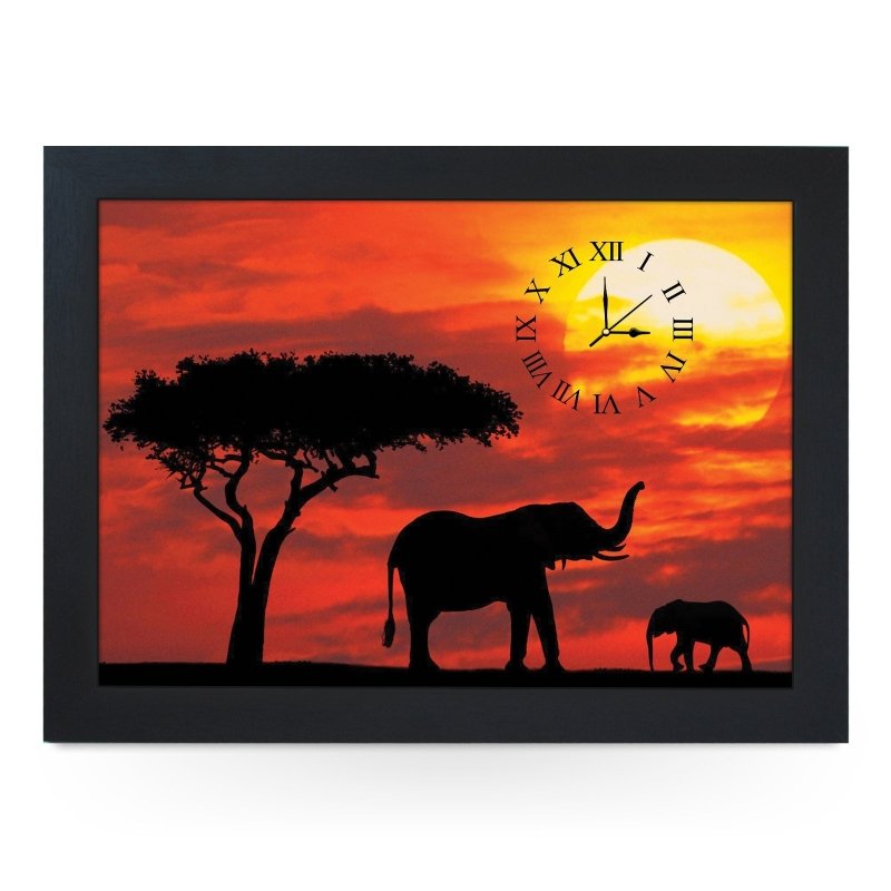 Yoosh Wooden Picture Frame Clock African Sunset Elephant Silhouet Secondary image